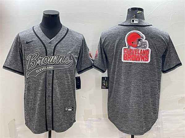 Mens Cleveland Browns Gray Team Big Logo With Patch Cool Base Stitched Baseball Jersey